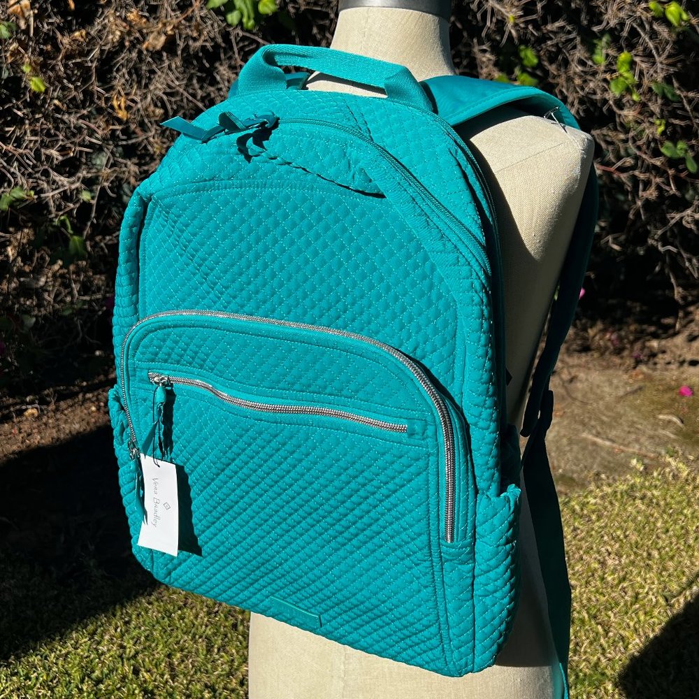 Vera Bradley Iconic Campus Backpack in Peacock Blue Microfiber NWT